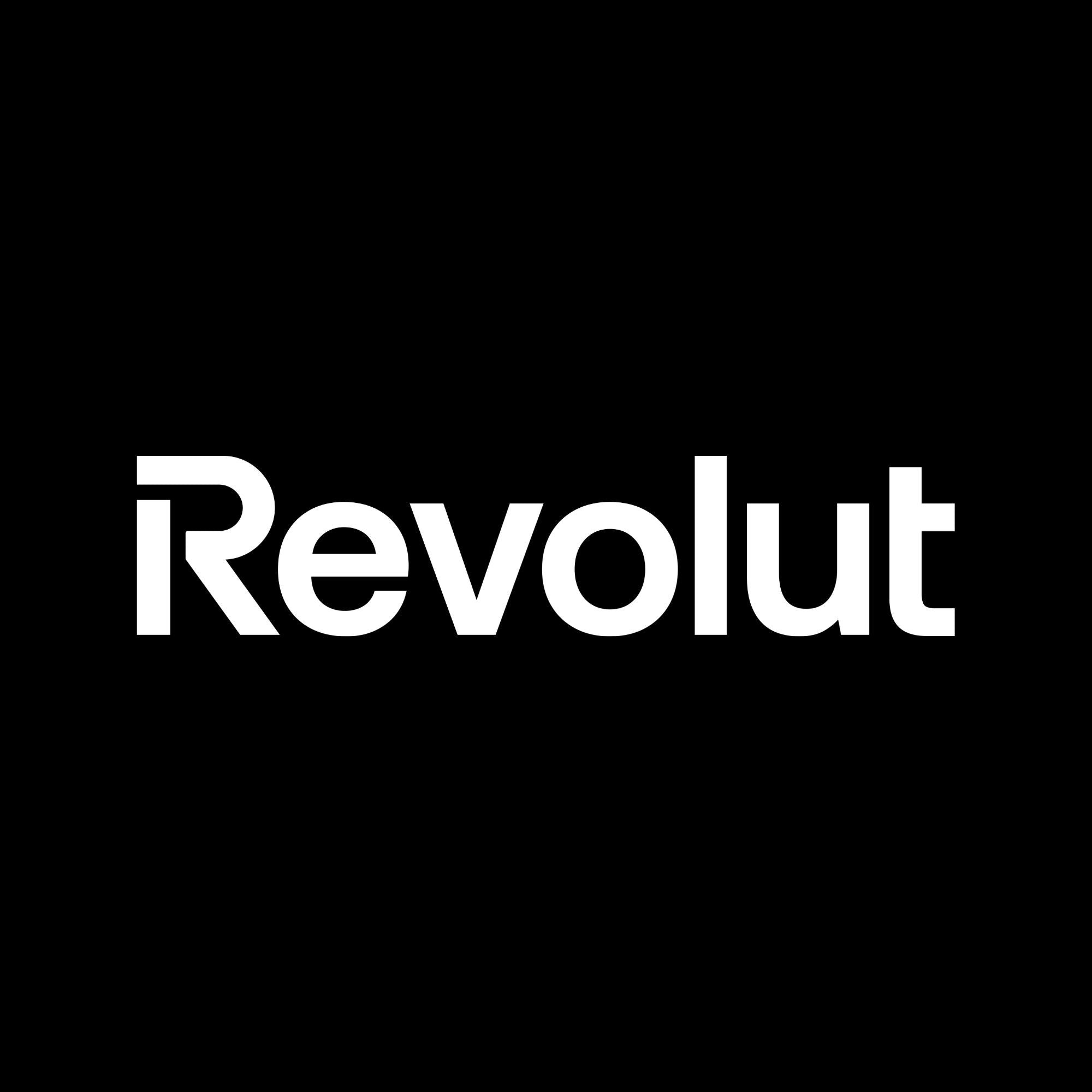 Logo Revolut bianco centrato su sfondo nero